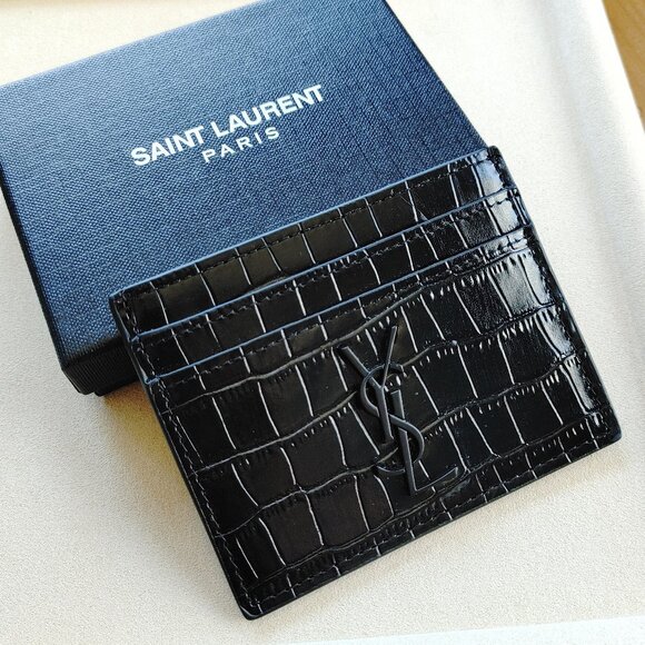 YSL Yves Saint Laurent "Cassandre" black embossed leather cardholder New - Picture 1 of 10